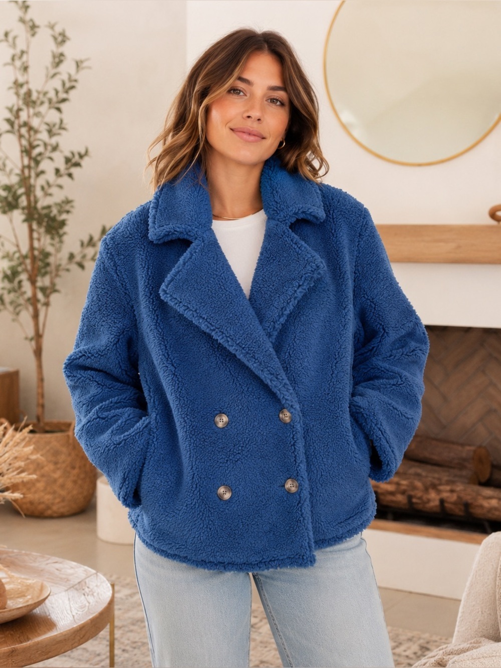 Stillwater Supply Co Blue Sherpa Teddy Peacoat Jacket Women’s Large Cozy Fleece